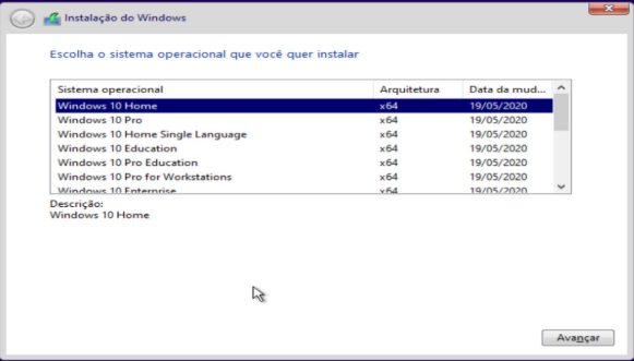 selecione o tipo de windows 10 a usar