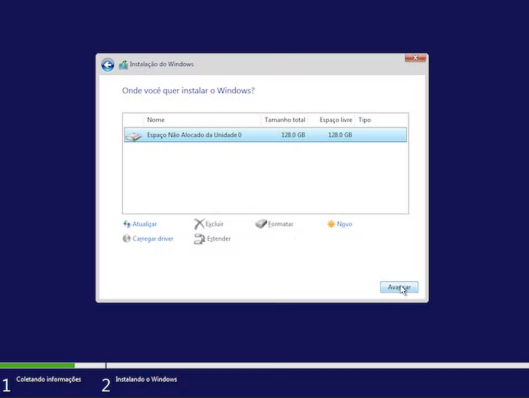 escolhendo a partição para instalação do windows 10