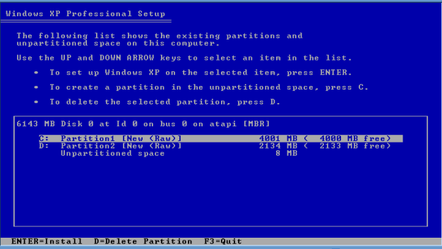 partição do windows xp instalar