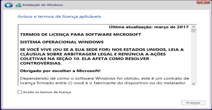 aceitando os termos do windows 10